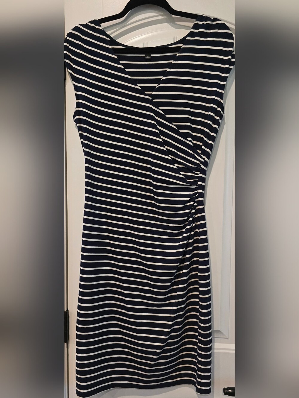 Ann Taylor Navy and White Striped Wrap-Style Midi Dress